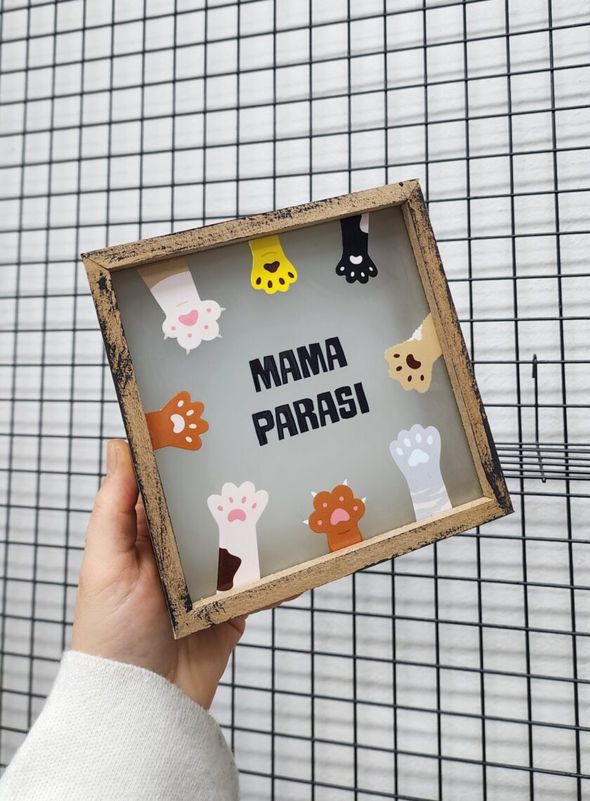 Kedi Pati Desenli Mama Parası Yazılı Kumbara Kahverengi Ahşap Hazneli Hediyelik Kumbara