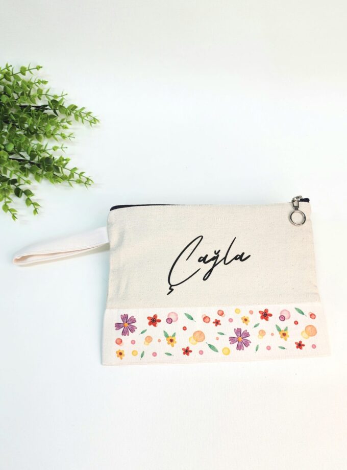 İsme Özel Renkli Çiçekli ve Yaprak Desenli Clutch Çanta