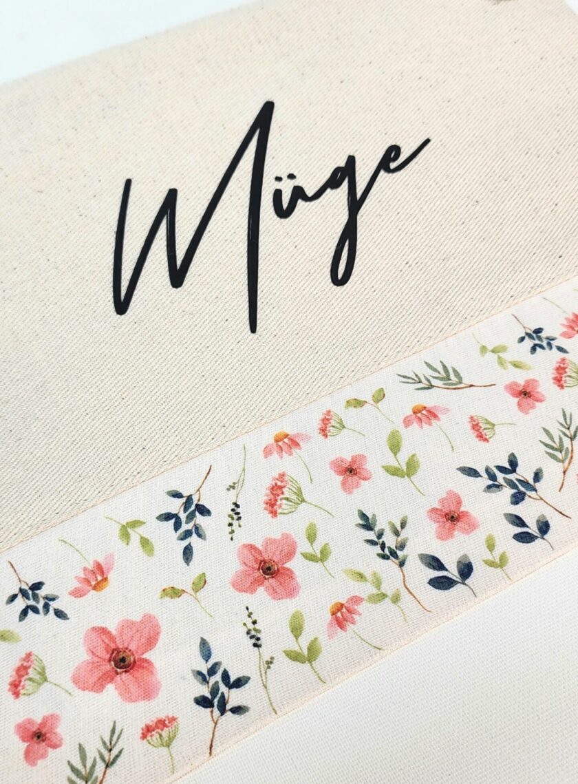 İsme Özel Mavi Yaprak ve Pembe Çiçek Desenli Clutch Çanta - Görsel 3
