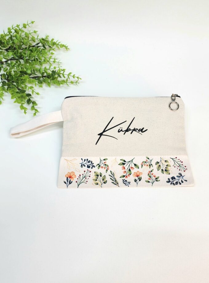 İsme Özel Yeşil Yaprak ve Kırmızı Çiçek Desenli Clutch Çanta