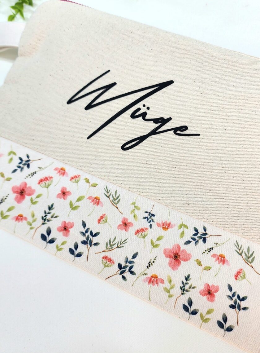 İsme Özel Mavi Yaprak ve Pembe Çiçek Desenli Clutch Çanta - Görsel 2