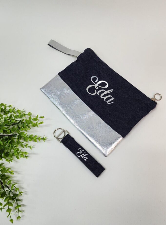 İsme Özel Kişiye Özel Kot Kumaş Clutch Çanta ve Anahtarlık Seti