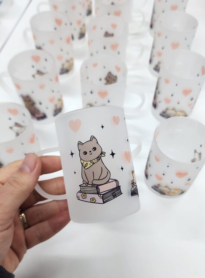 Sevimli Kedi ve Kitap Desenli Buzlu Cam Çay Bardağı Çay Fincanı