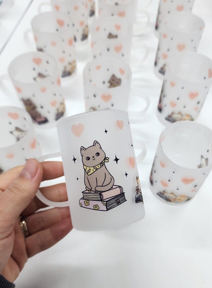 Sevimli Kedi ve Kitap Desenli Buzlu Cam Çay Bardağı Çay Fincanı