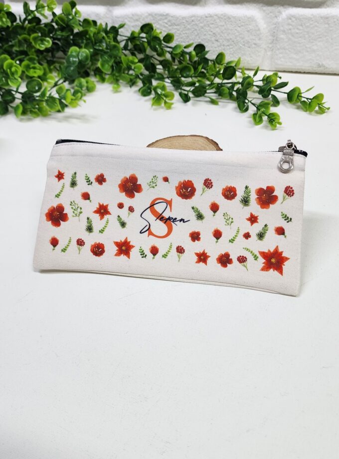 Kişiye Özel İsimli Kalemlik Kırmızı Çiçekli ve Yaprak Desenli Kişiye Özel Kalemlik Mini Organizer