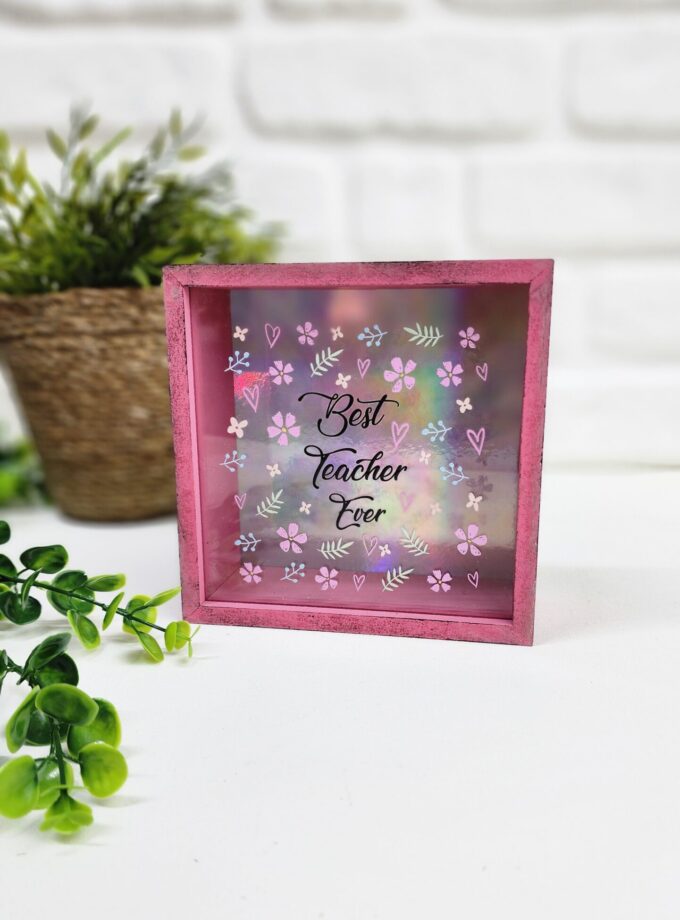 Öğretmenler İçin Best Teacher Ever Yazılı Pembe Çiçekli Ahşap Hazneli Kumbara