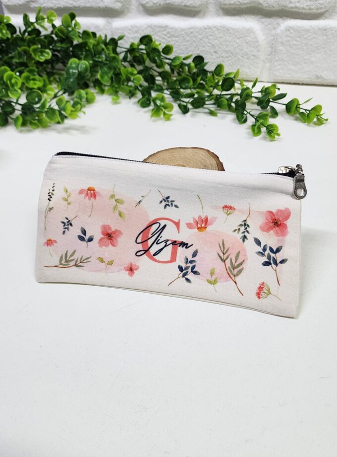 Kişiye Özel İsimli Kalemlik Mavi Yaprak ve Pembe Çiçek Desenli Kişiye Özel Kalemlik Mini Organizer