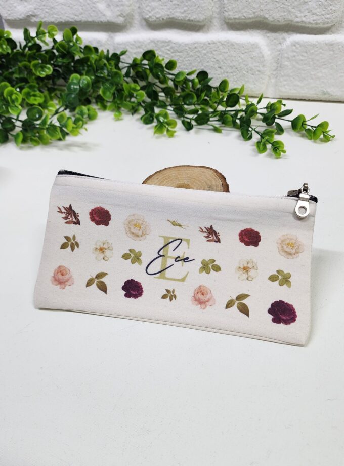 Kişiye Özel İsimli Kalemlik Gül Desenli Kişiye Özel Kalemlik Baskılı Bez Mini Organizer