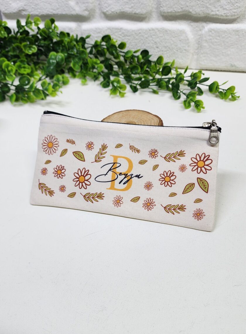 Kişiye Özel İsimli Kalemlik Papatya ve Yaprak Desenli Kişiye Özel Kalemlik Bez Mini Organizer