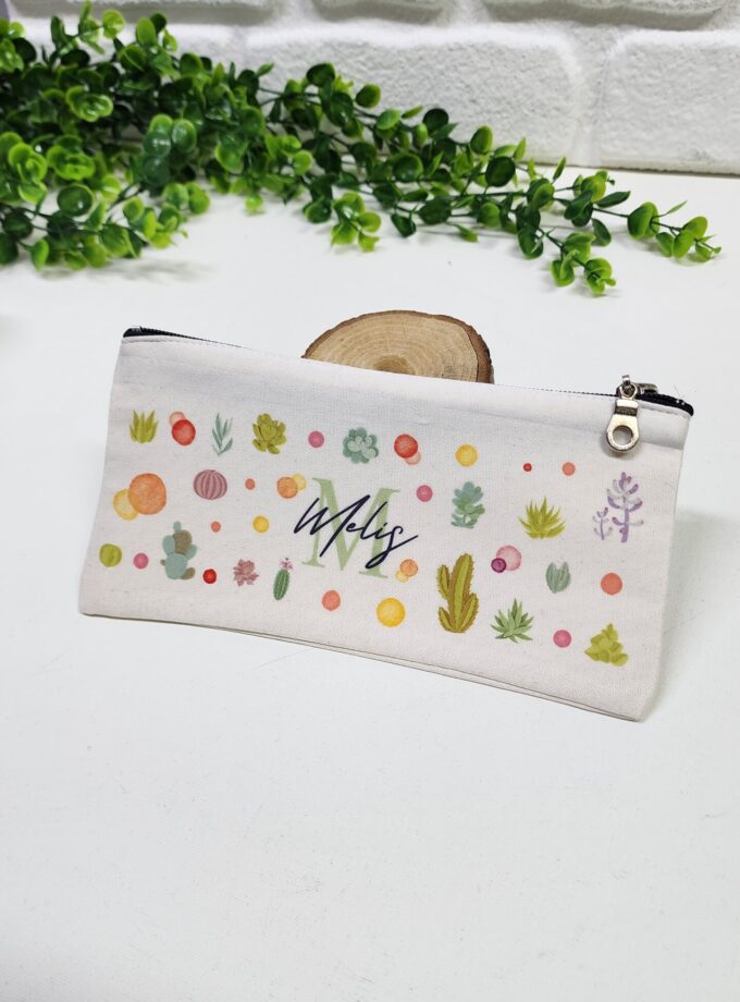 Kişiye Özel İsimli Kalemlik Kaktüs Desenli Kişiye Özel Kalemlik Baskılı Bez Mini Organizer