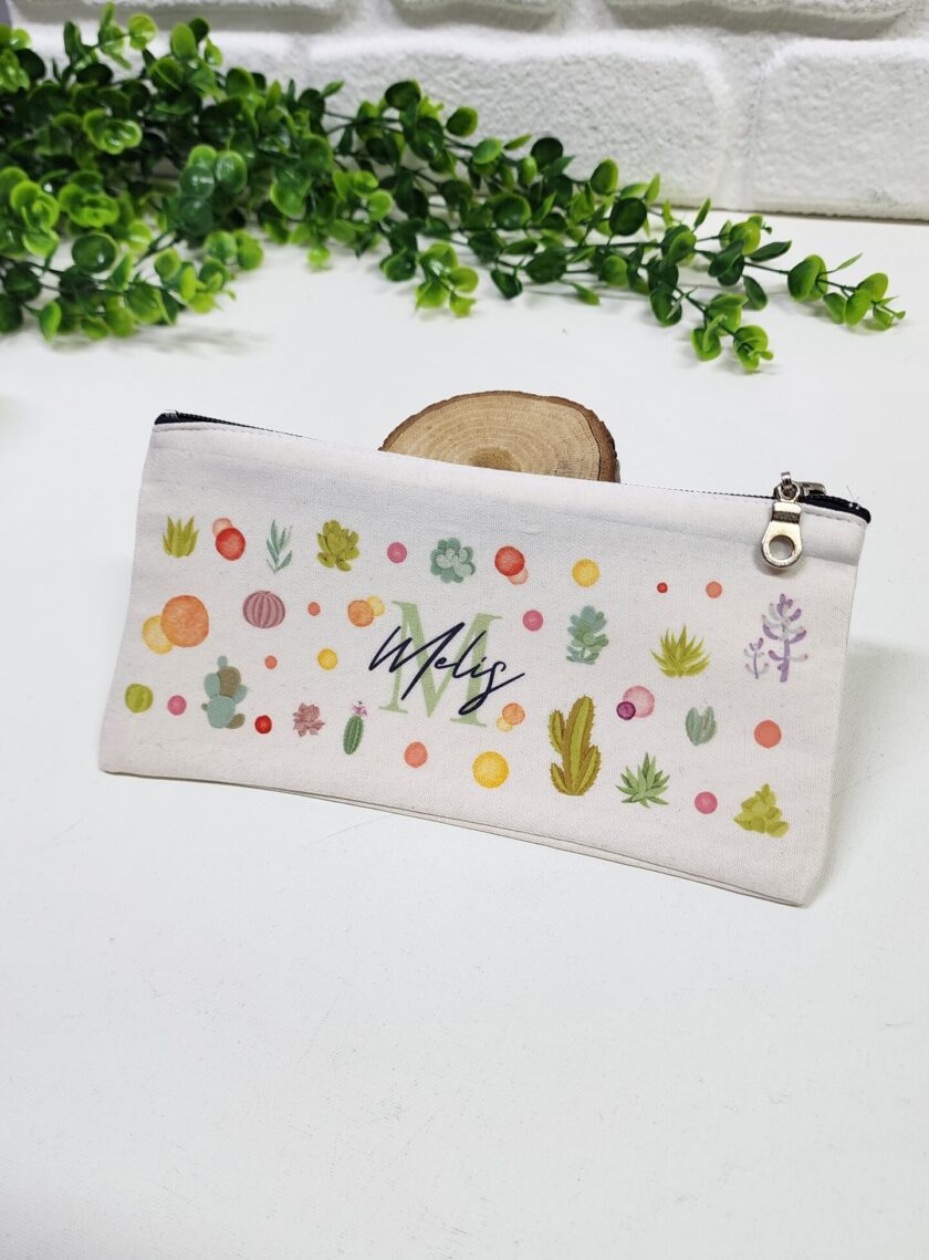 Kişiye Özel İsimli Kalemlik Kaktüs Desenli Kişiye Özel Kalemlik Baskılı Bez Mini Organizer