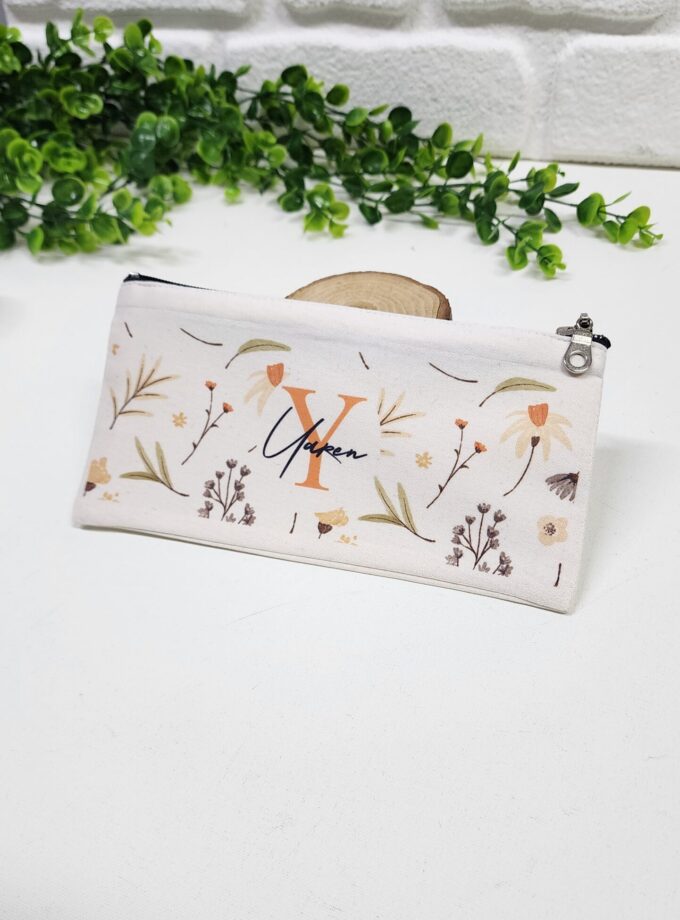 Kişiye Özel İsimli Kalemlik Yaprak ve Lale Desenli Kişiye Özel Kalemlik Baskılı Bez Mini Organizer