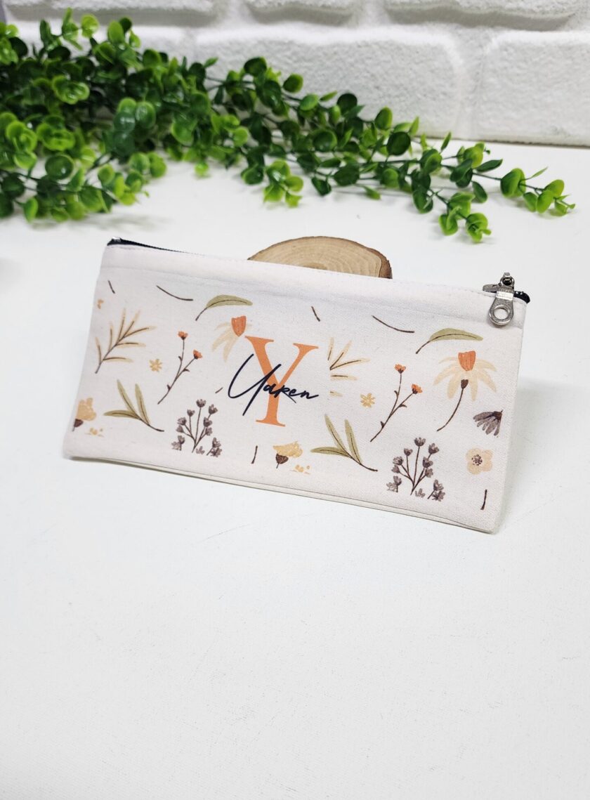Kişiye Özel İsimli Kalemlik Yaprak ve Lale Desenli Kişiye Özel Kalemlik Baskılı Bez Mini Organizer