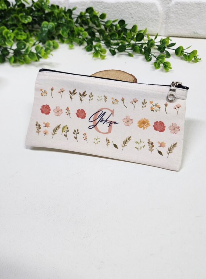 Kişiye Özel İsimli Kalemlik Pastel Renkli Çiçek ve Yaprak Desenli Kalemlik Bez Mini Organizer