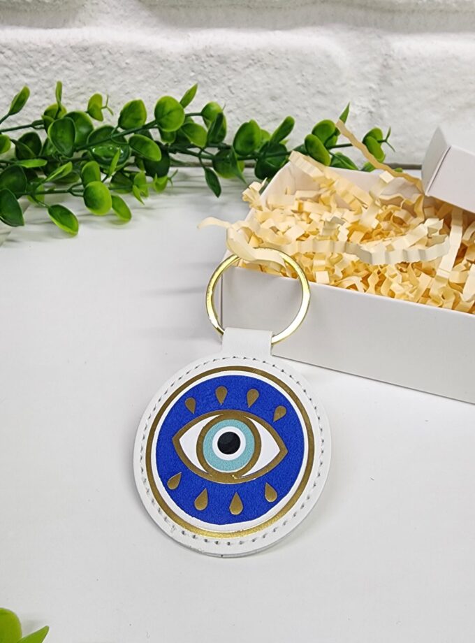 Göz Detaylı Nazar Boncuğu Desenli Gold Halkalı Deri Anahtarlık