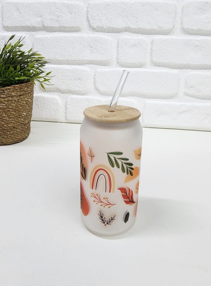 Bambu Kapaklı Bohem Temalı Pipetli Buzlu Cam Bardak