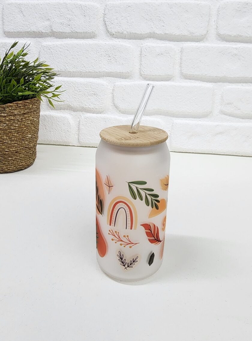 Bambu Kapaklı Bohem Temalı Pipetli Buzlu Cam Bardak