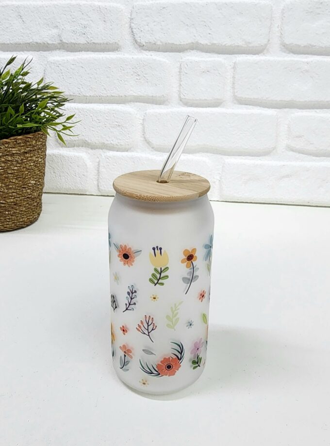 Bambu Kapaklı Çok Renkli Çiçek Desenli Pipetli Buzlu Cam Bardak