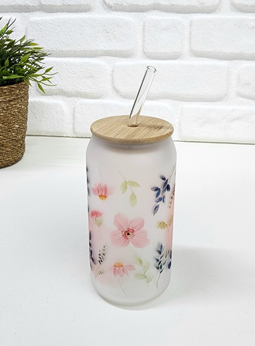 Bambu Kapaklı Mavi Yaprak ve Pembe Çiçek Desenli Pipetli Buzlu Cam Bardak - Görsel 2