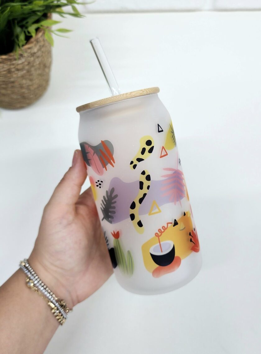 Bambu Kapaklı Tropikal Temalı Pipetli Buzlu Cam Bardak - Görsel 3