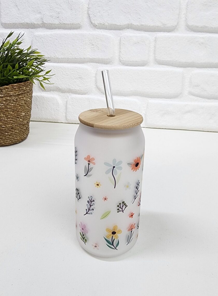 Bambu Kapaklı Çok Renkli Çiçek Desenli Pipetli Buzlu Cam Bardak - Görsel 2