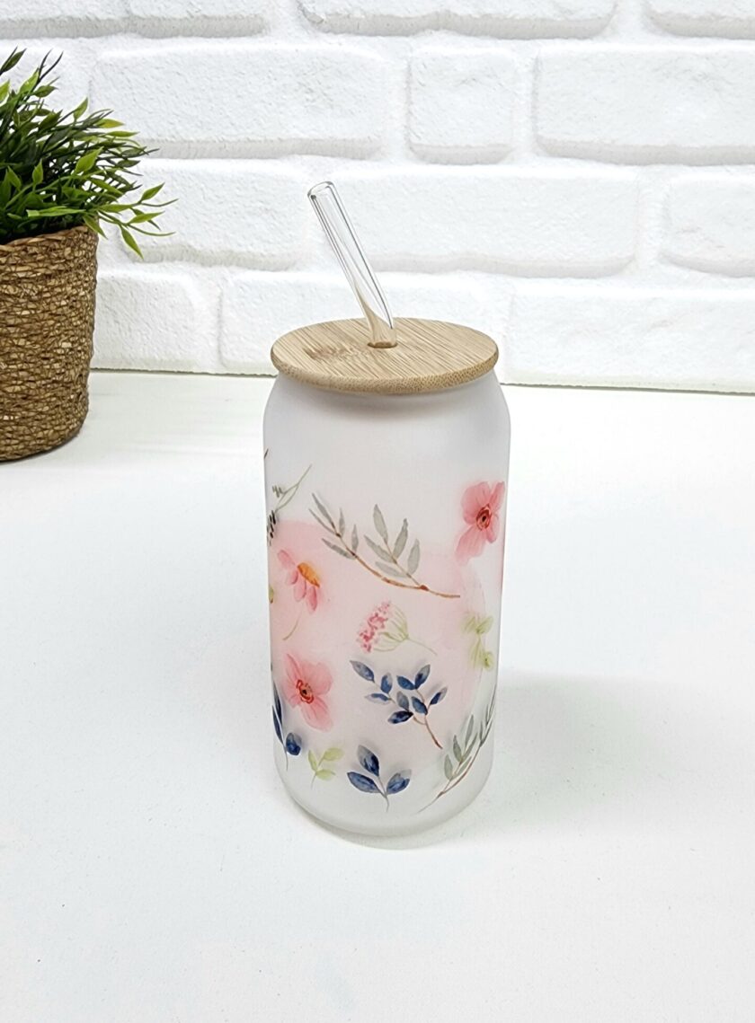 Bambu Kapaklı Mavi Yaprak ve Pembe Çiçek Desenli Pipetli Buzlu Cam Bardak