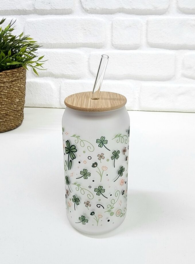 Bambu Kapaklı Yonca Yaprak Çiçek Desenli Pipetli Buzlu Cam Bardak