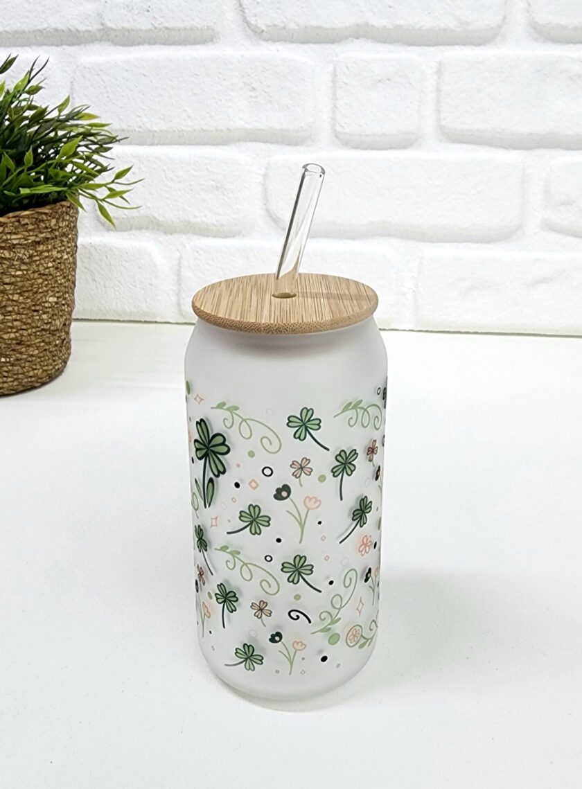 Bambu Kapaklı Yonca Yaprak Çiçek Desenli Pipetli Buzlu Cam Bardak