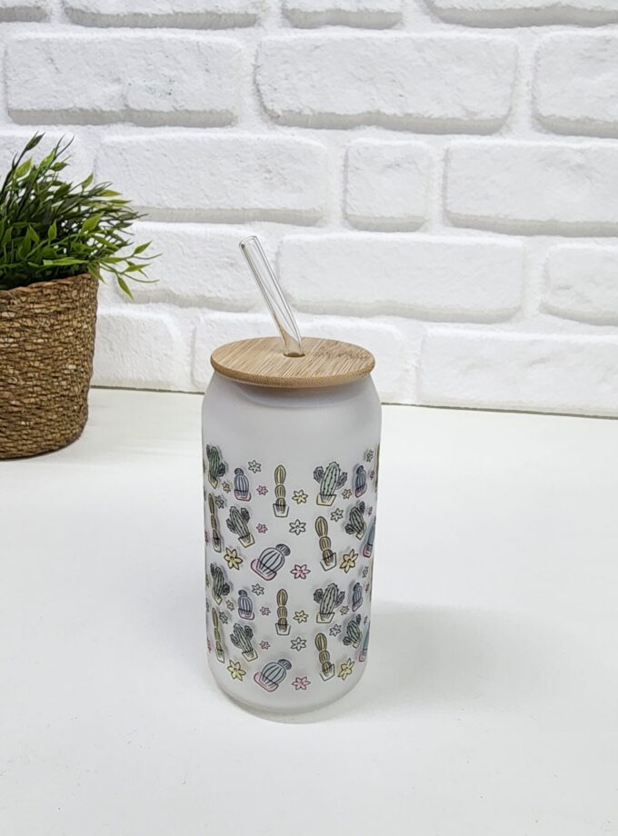 Bambu Kapaklı Kaktüs Desenli Pipetli Buzlu Cam Bardak