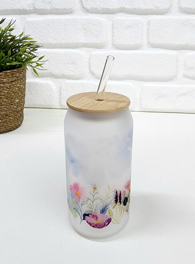 Bambu Kapaklı Renkli Çiçek Desenli Pipetli Buzlu Cam Bardak