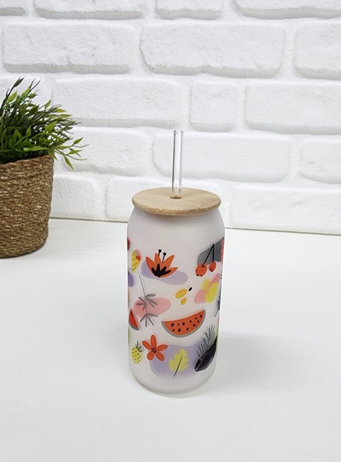 Bambu Kapaklı Tropikal Temalı Pipetli Buzlu Cam Bardak