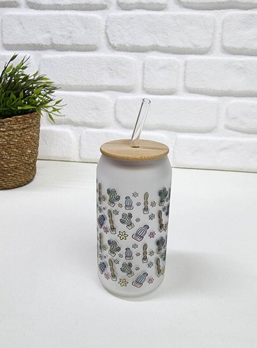 Bambu Kapaklı Kaktüs Desenli Pipetli Buzlu Cam Bardak - Görsel 2