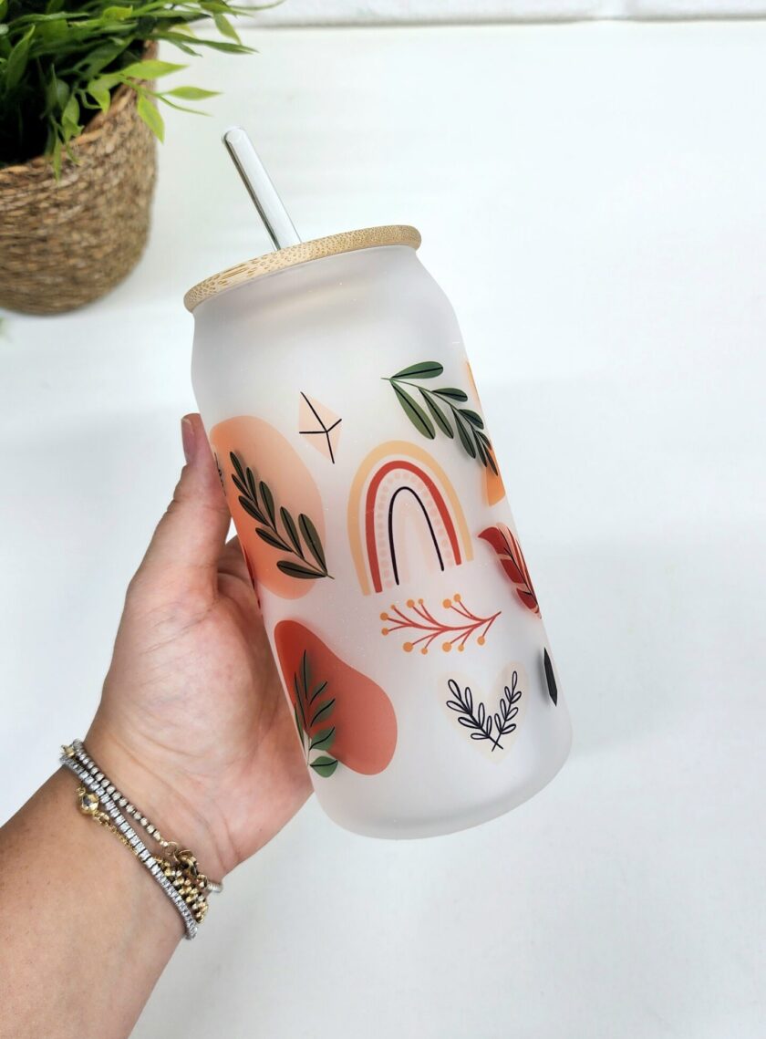 Bambu Kapaklı Bohem Temalı Pipetli Buzlu Cam Bardak - Görsel 3