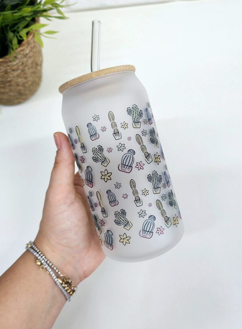 Bambu Kapaklı Kaktüs Desenli Pipetli Buzlu Cam Bardak - Görsel 3