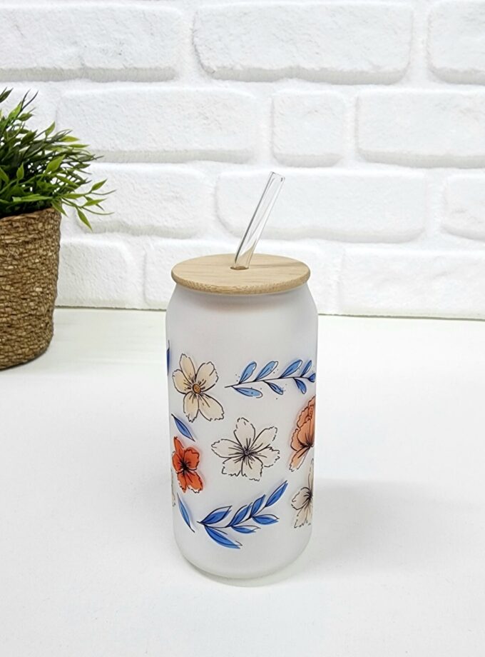 Bambu Kapaklı Mavi Yaprak ve Turuncu Çiçek Desenli Pipetli Buzlu Cam Bardak
