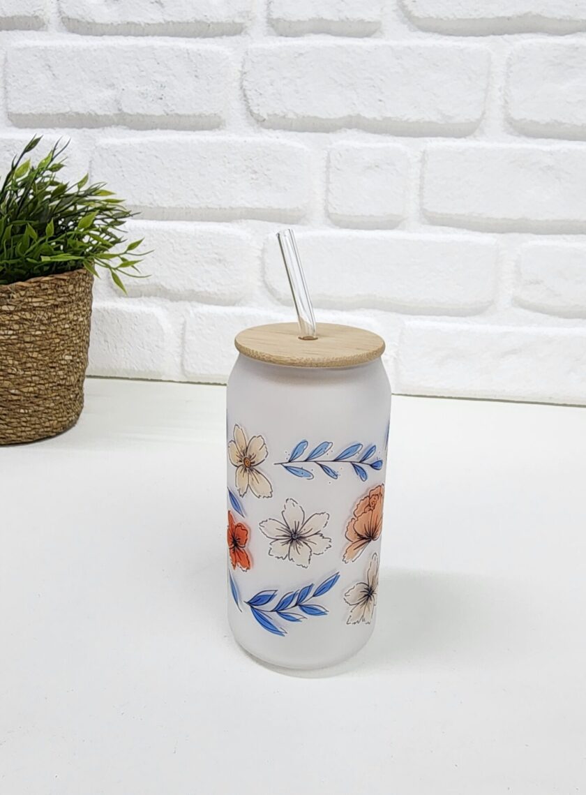 Bambu Kapaklı Mavi Yaprak ve Turuncu Çiçek Desenli Pipetli Buzlu Cam Bardak - Görsel 2