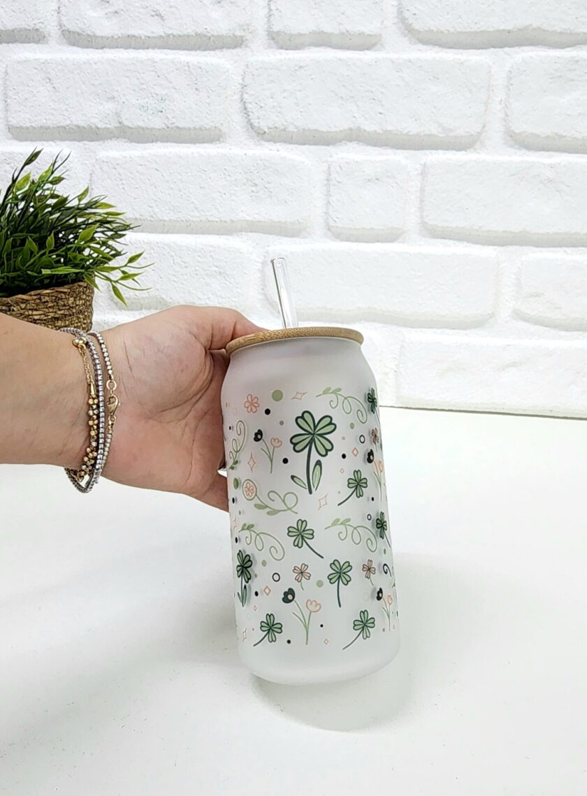 Bambu Kapaklı Yonca Yaprak Çiçek Desenli Pipetli Buzlu Cam Bardak - Görsel 2