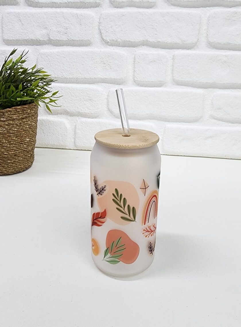 Bambu Kapaklı Bohem Temalı Pipetli Buzlu Cam Bardak - Görsel 2