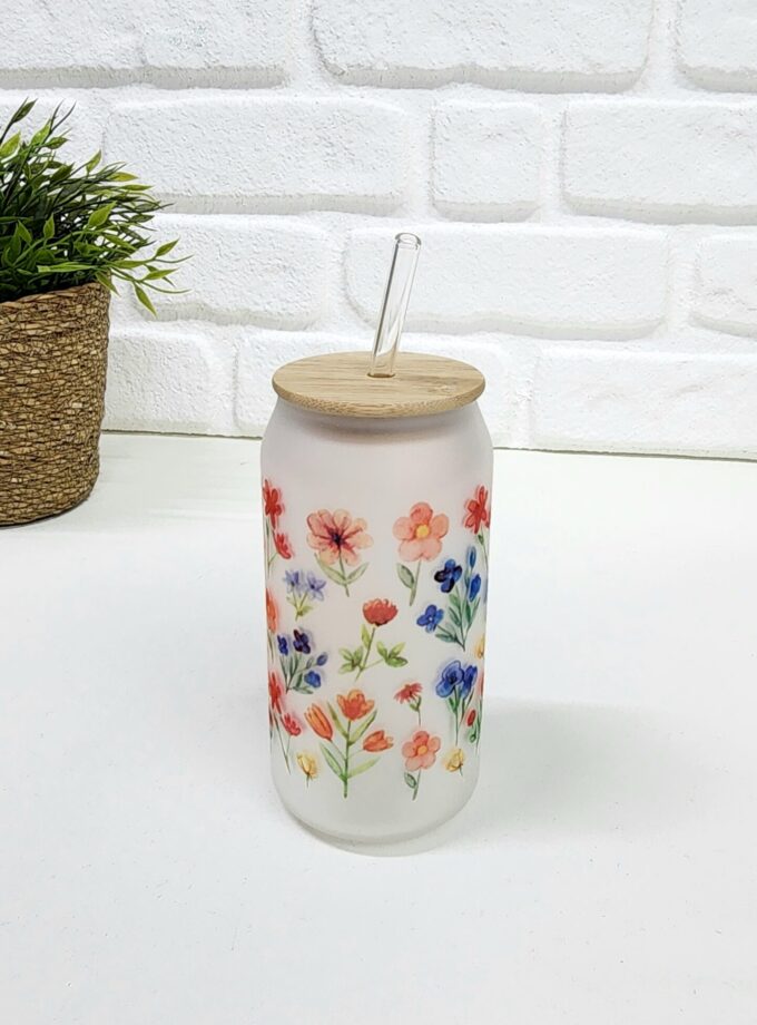 Bambu Kapaklı Kırmızı Mavi Çiçek Desenli Pipetli Buzlu Cam Bardak