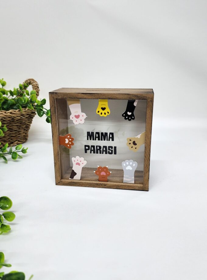 Kedi Pati Desenli Mama Parası Yazılı Kumbara Kahverengi Ahşap Hazneli Hediyelik Kumbara